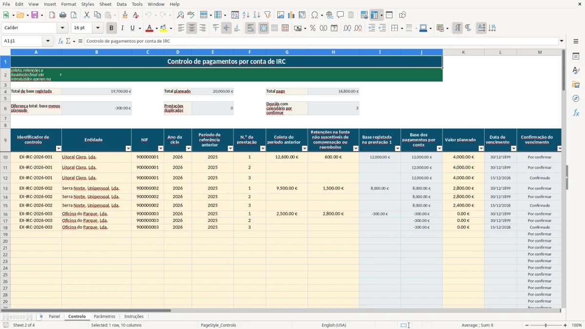 Pré-visualização da folha Controlo do ficheiro Controlo de Pagamentos por Conta de IRC em Excel — Modelo Grátis