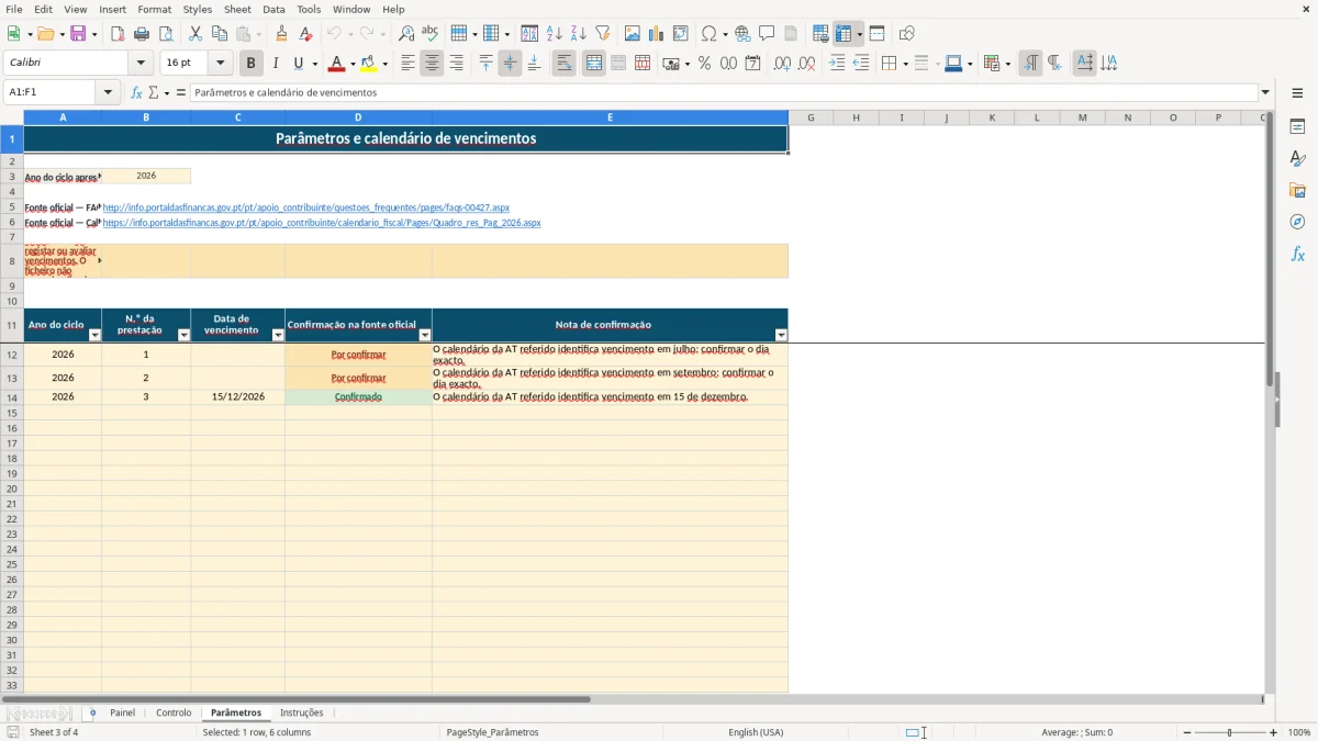 Pré-visualização da folha Parâmetros do ficheiro Controlo de Pagamentos por Conta de IRC em Excel — Modelo Grátis