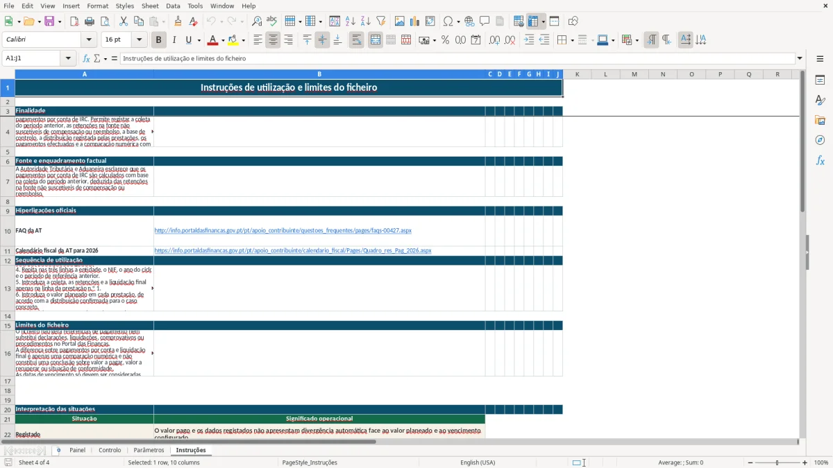 Pré-visualização da folha Instruções do ficheiro Controlo de Pagamentos por Conta de IRC em Excel — Modelo Grátis