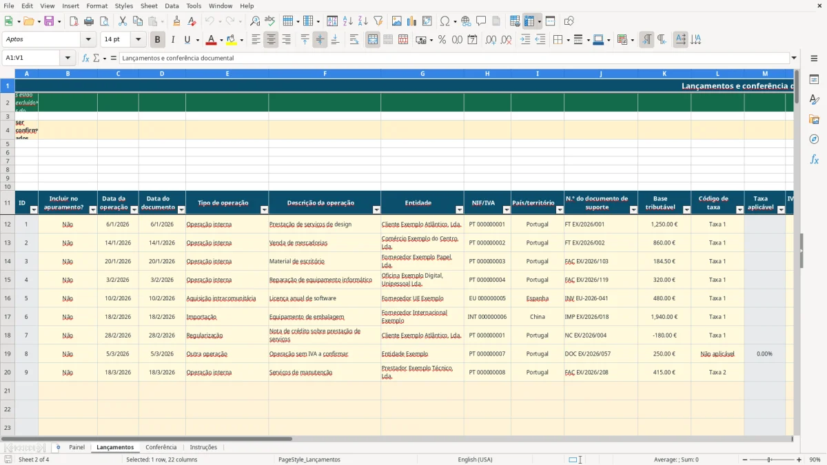 Pré-visualização da folha Lançamentos do ficheiro Declaração periódica de IVA em Excel: Modelo Grátis