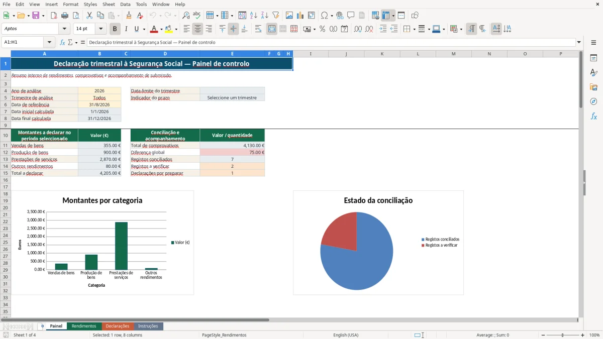 Pré-visualização da folha Painel do ficheiro Declaração trimestral à Segurança Social: Modelo Excel Grátis