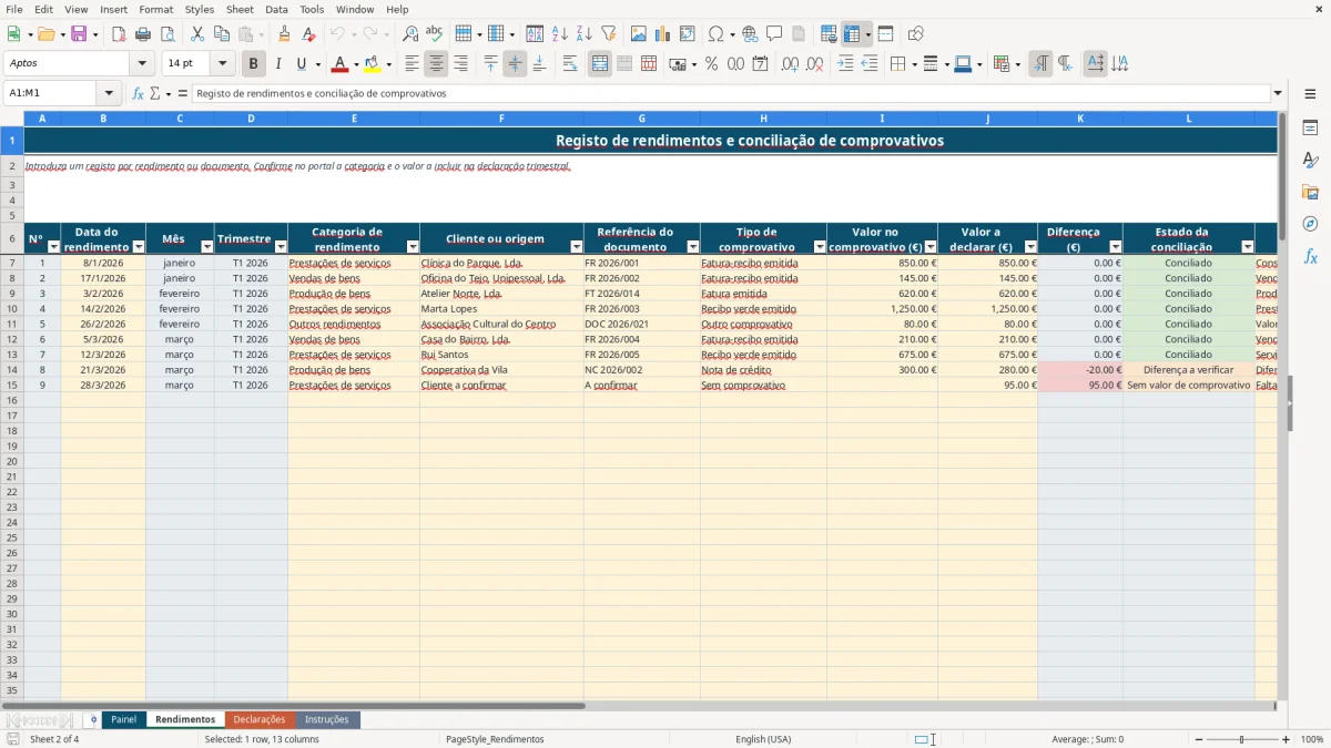 Pré-visualização da folha Rendimentos do ficheiro Declaração trimestral à Segurança Social: Modelo Excel Grátis