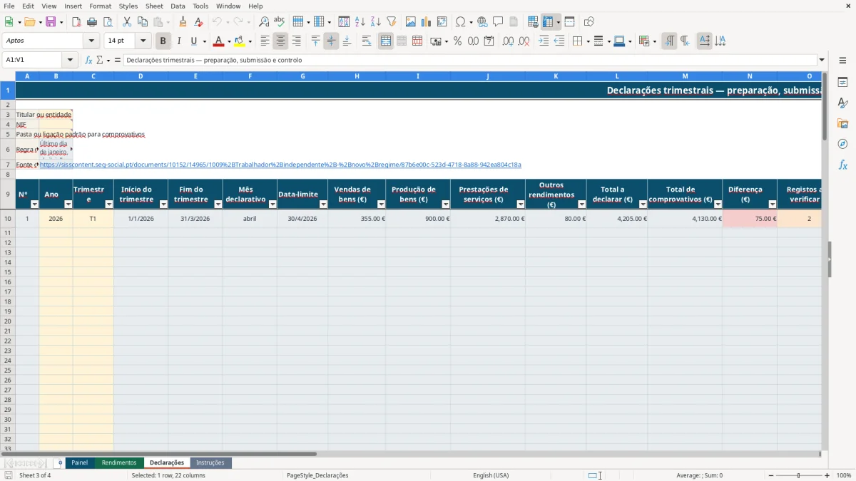Pré-visualização da folha Declarações do ficheiro Declaração trimestral à Segurança Social: Modelo Excel Grátis