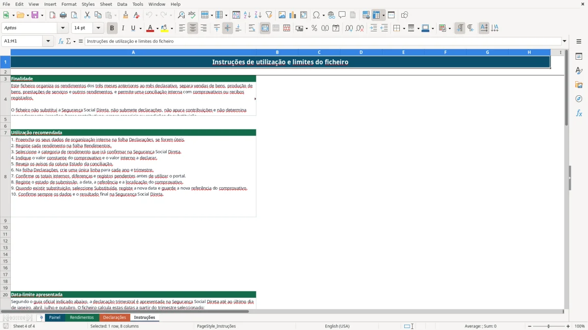 Pré-visualização da folha Instruções do ficheiro Declaração trimestral à Segurança Social: Modelo Excel Grátis