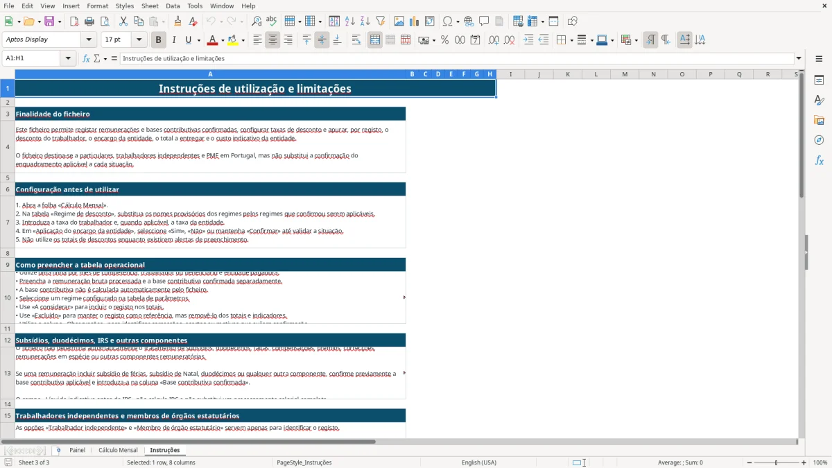 Pré-visualização da folha Instruções do ficheiro Segurança Social: descontos trabalhador e empresa Excel Modelo Grátis