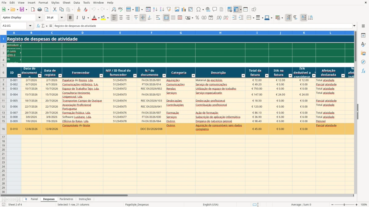 Pré-visualização da folha Despesas do ficheiro Despesas de atividade independente: Modelo Excel Grátis