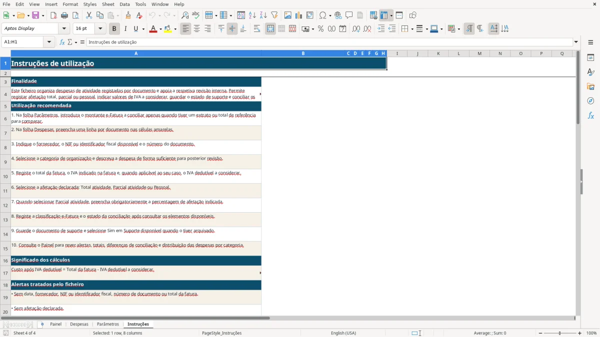 Pré-visualização da folha Instruções do ficheiro Despesas de atividade independente: Modelo Excel Grátis