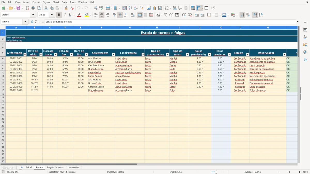 Pré-visualização da folha Escala do ficheiro Escala de Trabalho em Excel: Modelo Grátis para Portugal