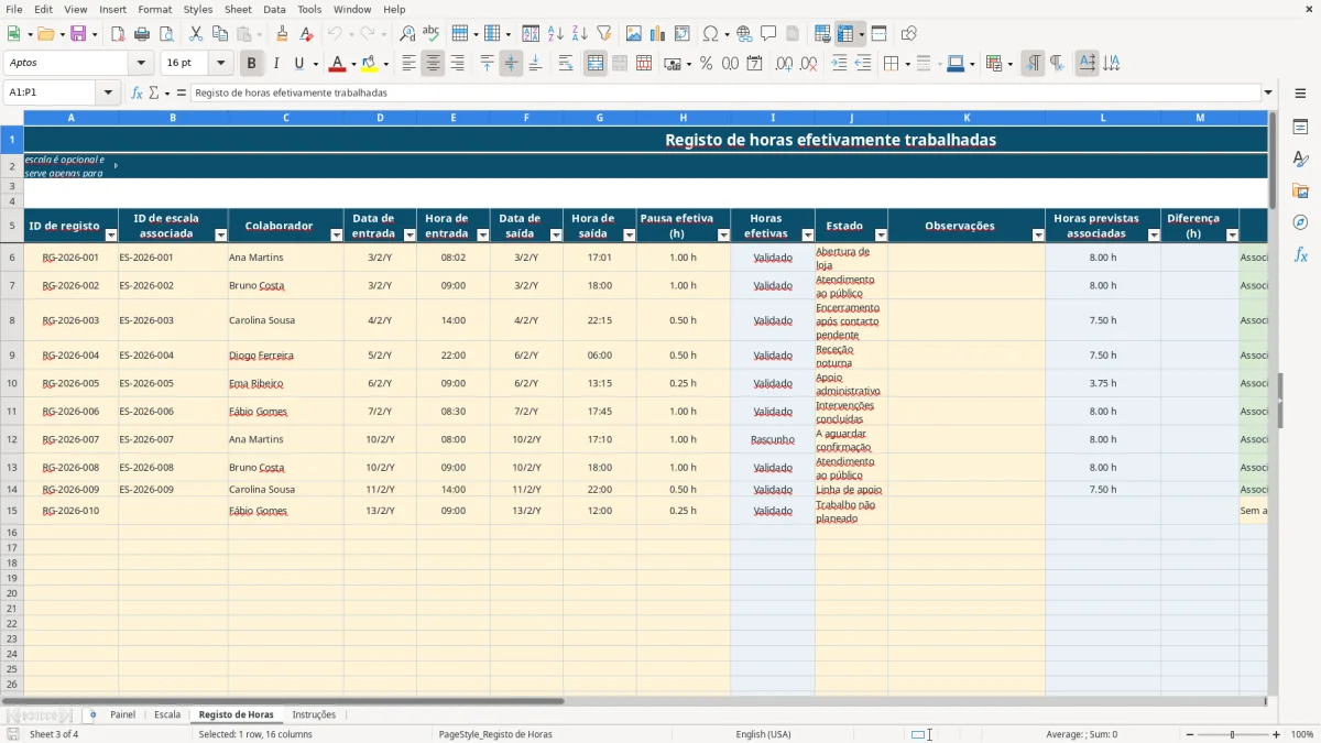 Pré-visualização da folha Registo de Horas do ficheiro Escala de Trabalho em Excel: Modelo Grátis para Portugal
