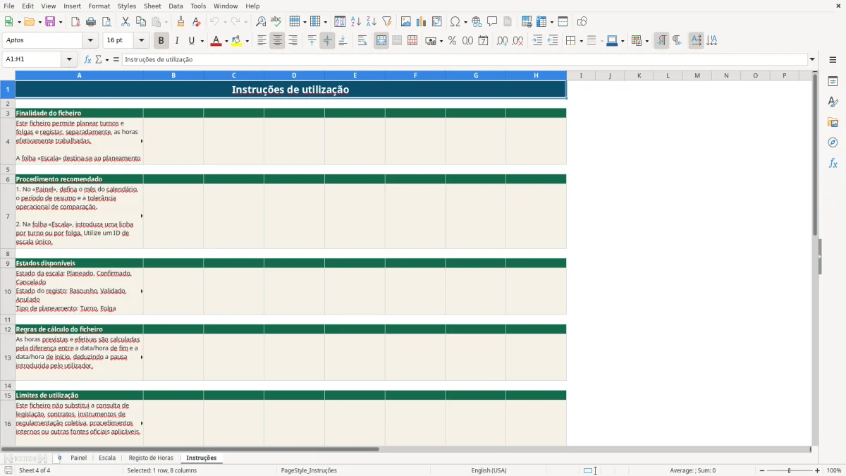 Pré-visualização da folha Instruções do ficheiro Escala de Trabalho em Excel: Modelo Grátis para Portugal