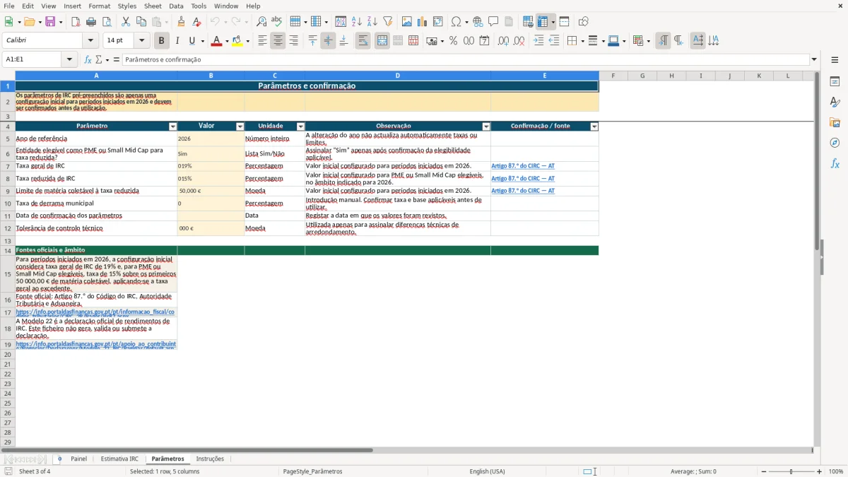 Pré-visualização da folha Parâmetros do ficheiro Estimativa de IRC para PME em Excel: Modelo Grátis