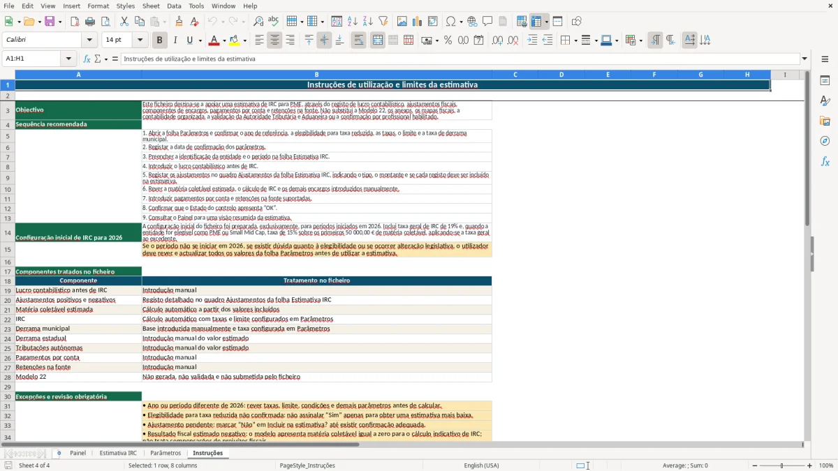 Pré-visualização da folha Instruções do ficheiro Estimativa de IRC para PME em Excel: Modelo Grátis