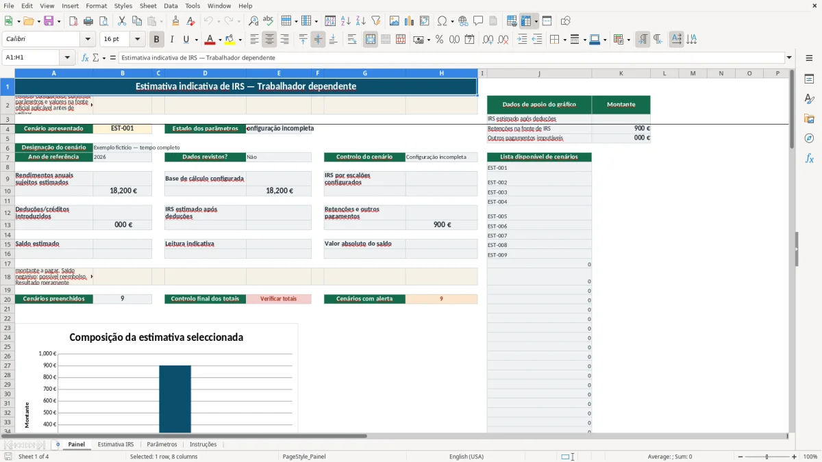 Pré-visualização da folha Painel do ficheiro Estimativa de IRS de trabalhador dependente em Excel: Modelo Grátis