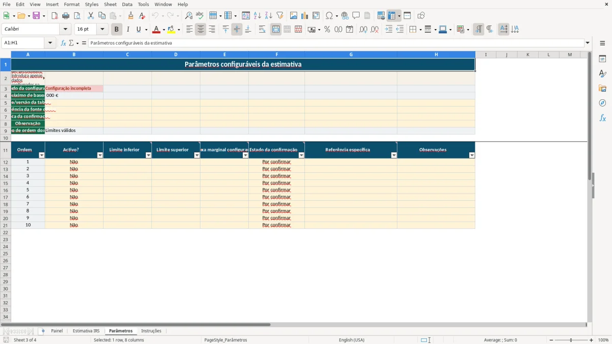 Pré-visualização da folha Parâmetros do ficheiro Estimativa de IRS de trabalhador dependente em Excel: Modelo Grátis