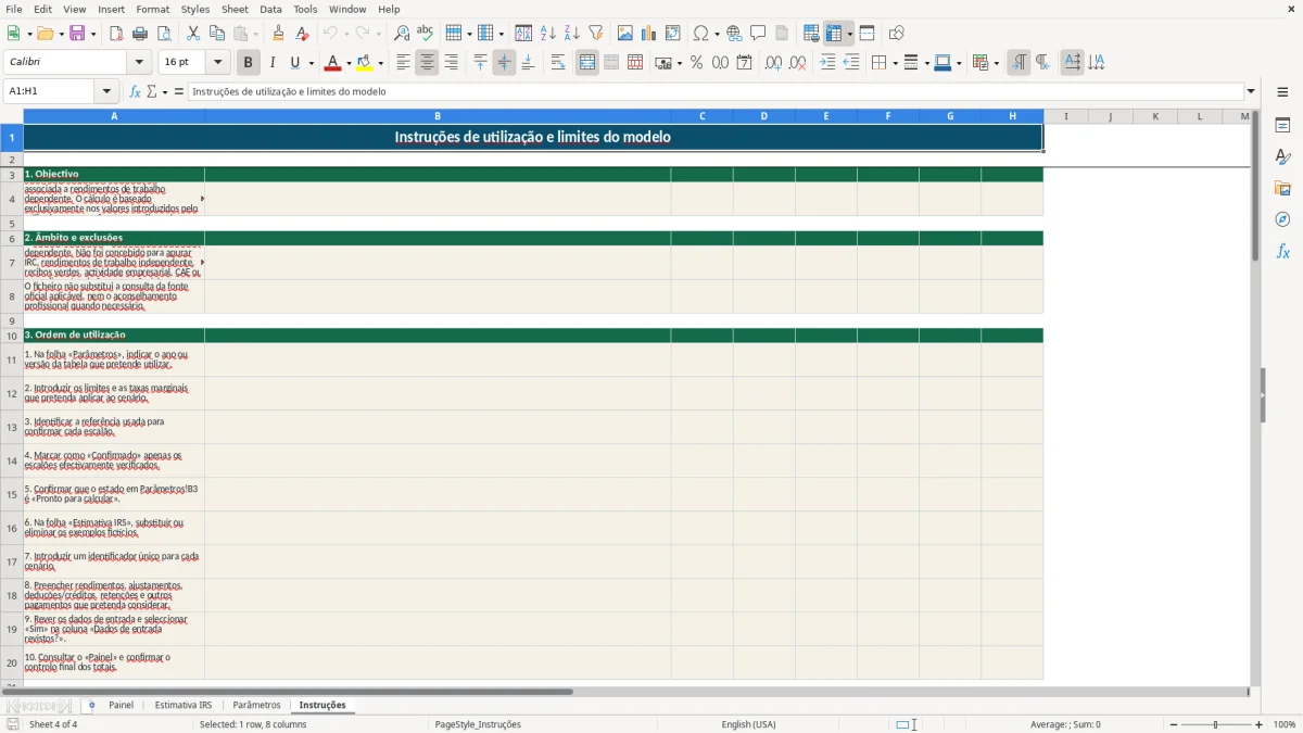 Pré-visualização da folha Instruções do ficheiro Estimativa de IRS de trabalhador dependente em Excel: Modelo Grátis