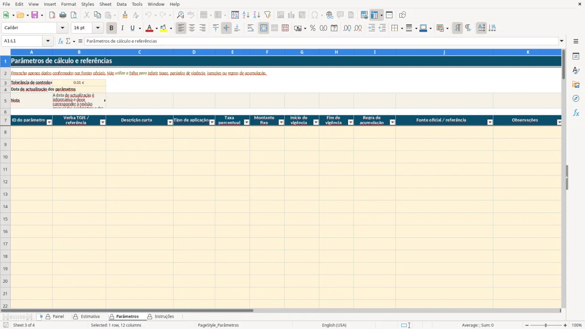 Pré-visualização da folha Parâmetros do ficheiro Estimativa de Imposto do Selo em Excel: Modelo Grátis