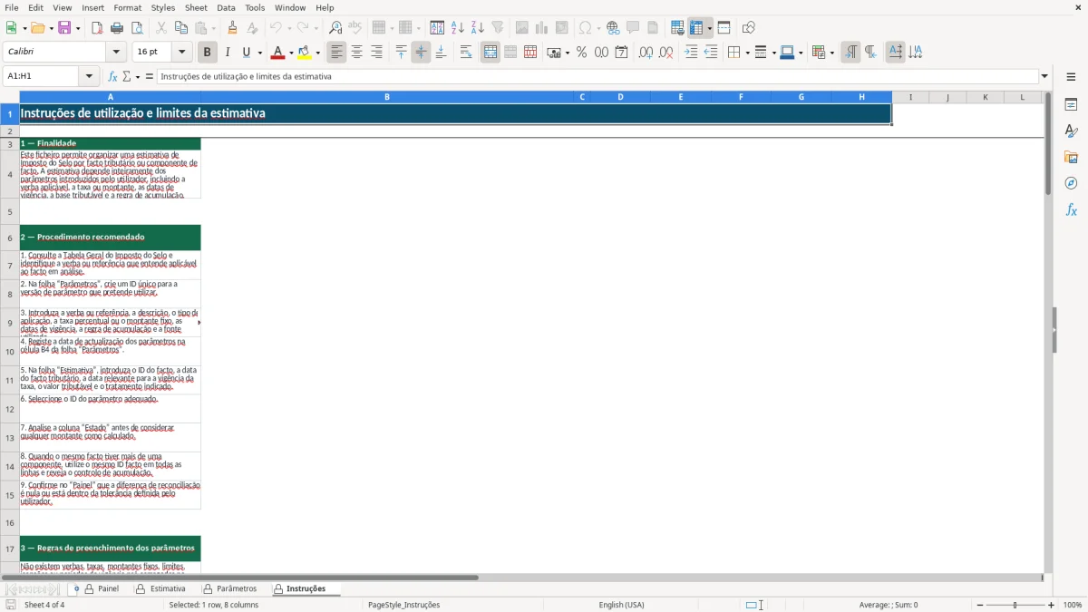 Pré-visualização da folha Instruções do ficheiro Estimativa de Imposto do Selo em Excel: Modelo Grátis