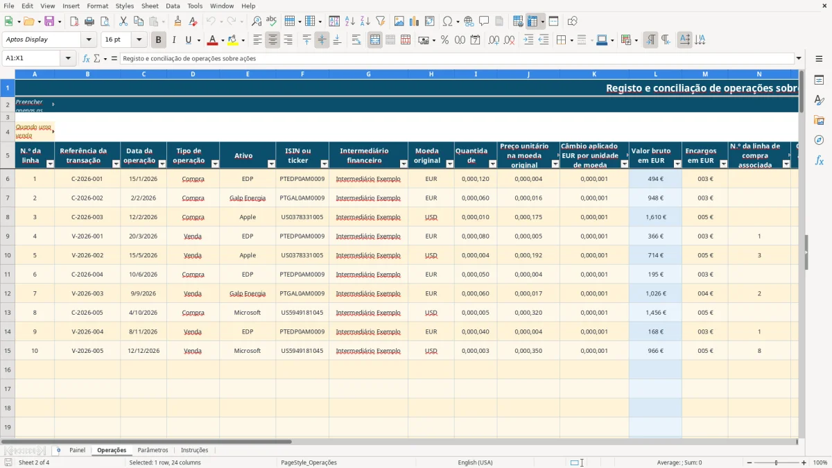 Pré-visualização da folha Operações do ficheiro Mais-valias de ações IRS em Excel: Modelo Grátis