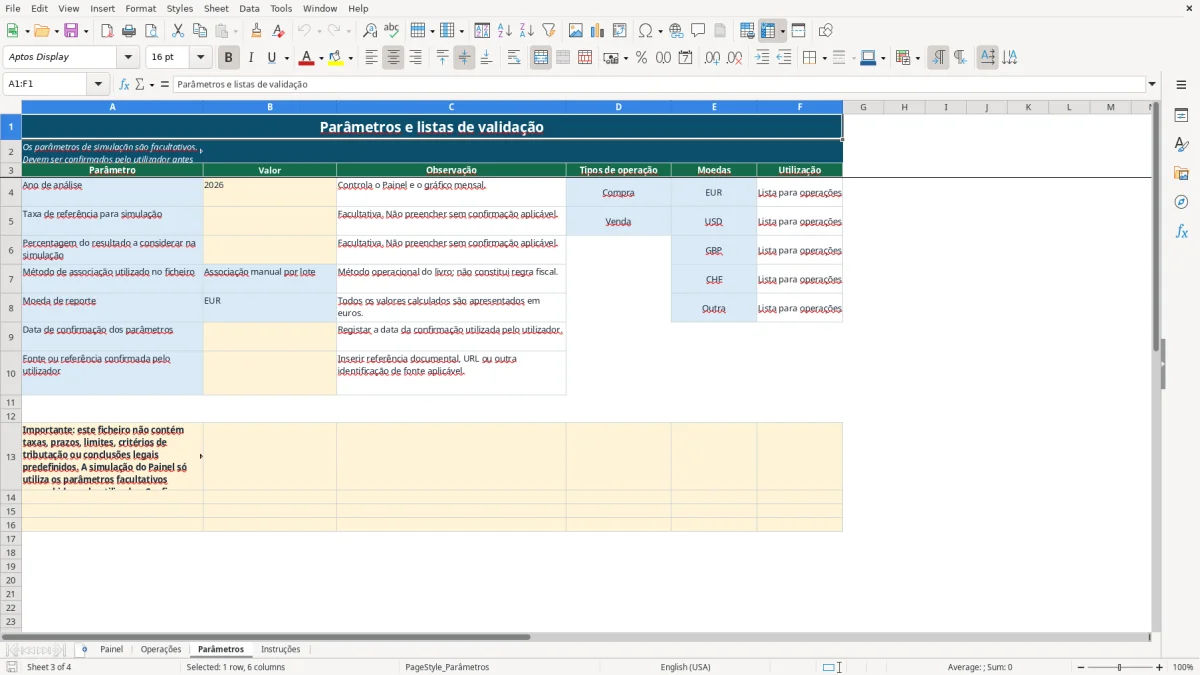 Pré-visualização da folha Parâmetros do ficheiro Mais-valias de ações IRS em Excel: Modelo Grátis