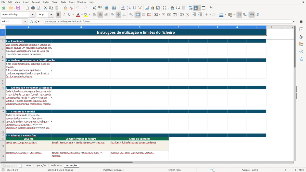 Pré-visualização da folha Instruções do ficheiro Mais-valias de ações IRS em Excel: Modelo Grátis
