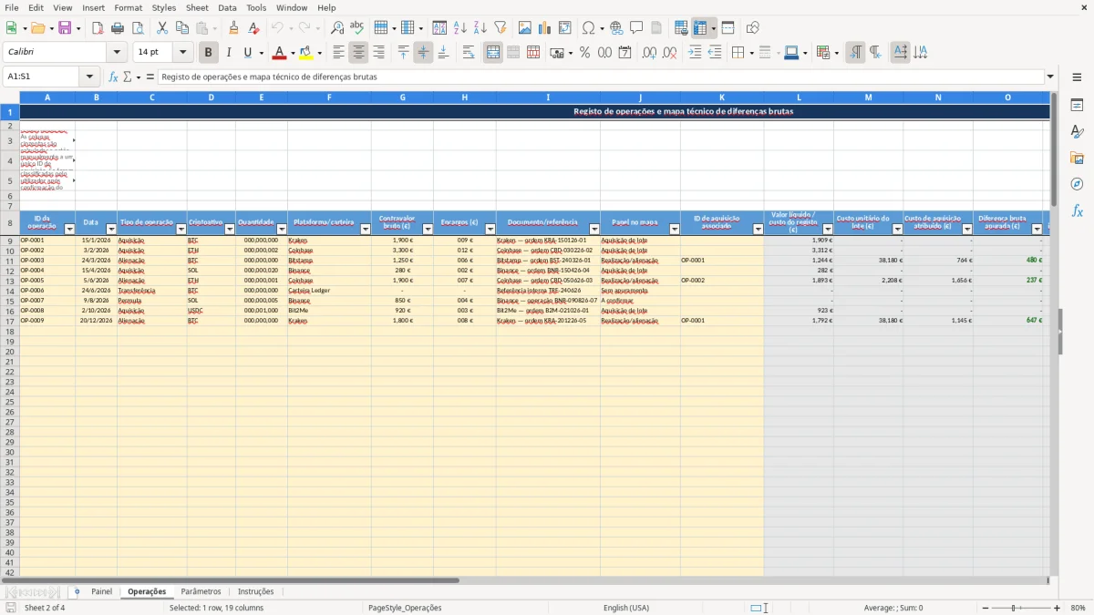 Pré-visualização da folha Operações do ficheiro Mais-valias de criptoativos IRS em Excel: Modelo Grátis