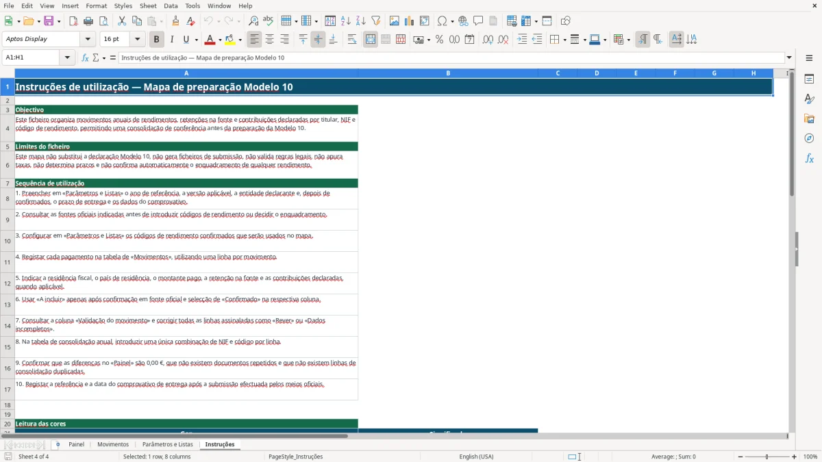 Pré-visualização da folha Instruções do ficheiro Mapa Modelo 10 em Excel — Modelo Grátis