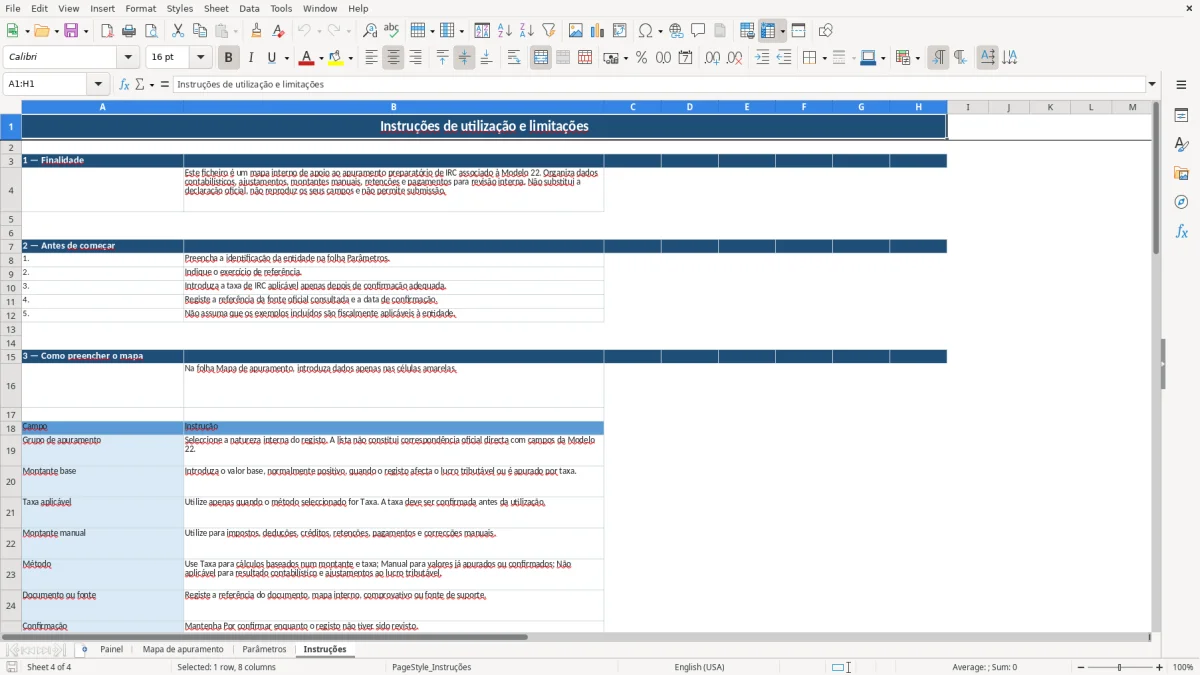 Pré-visualização da folha Instruções do ficheiro Mapa do Modelo 22 de IRC em Excel Grátis