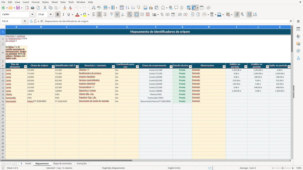Pré-visualização da folha Mapeamento do ficheiro Mapa SAF-T de Contabilidade em Excel: Modelo Grátis