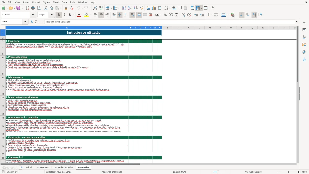 Pré-visualização da folha Instruções do ficheiro Mapa SAF-T de Contabilidade em Excel: Modelo Grátis