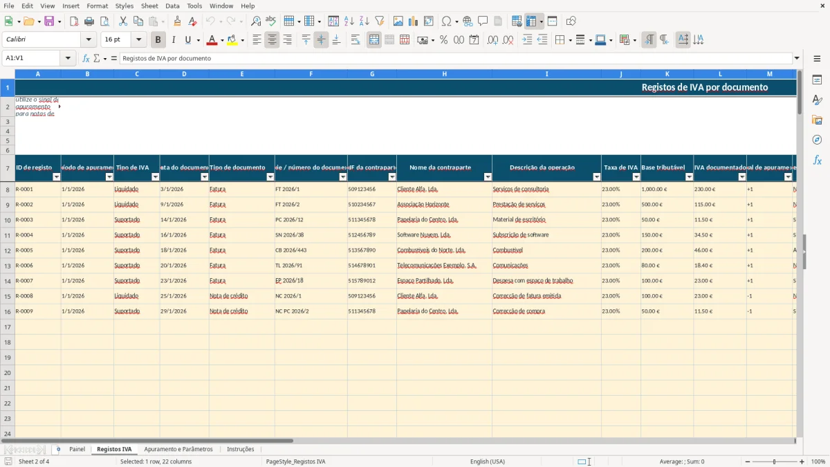 Pré-visualização da folha Registos IVA do ficheiro Mapa de IVA liquidado e dedutível em Excel: Modelo Grátis