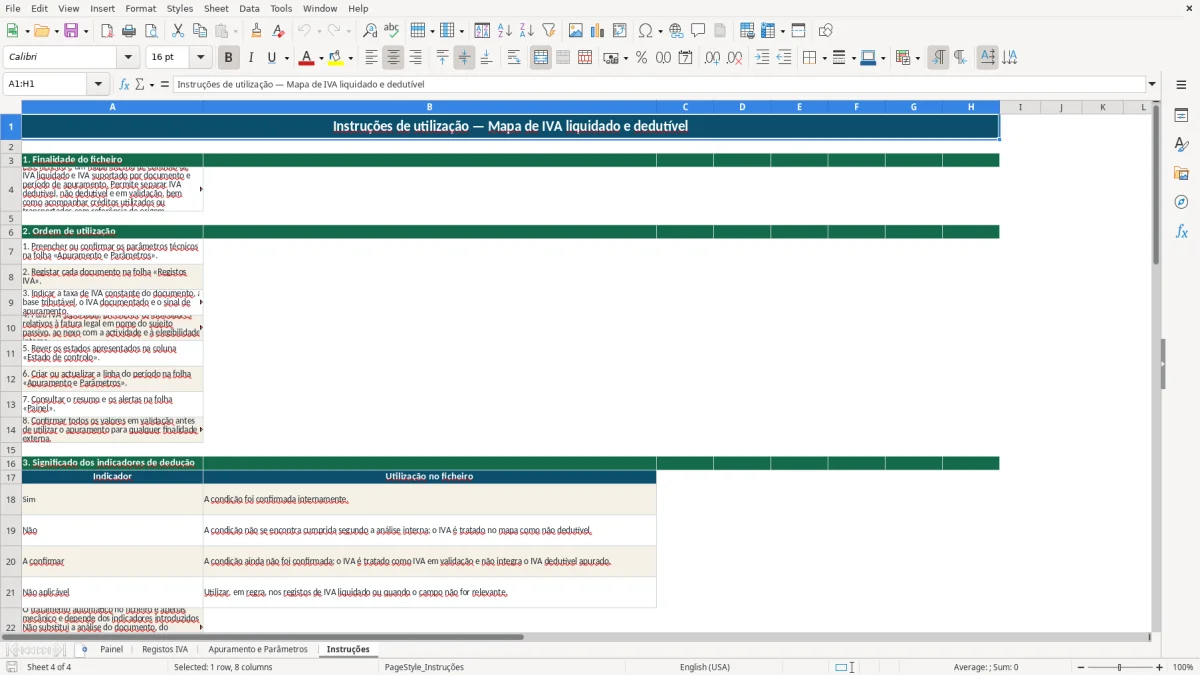 Pré-visualização da folha Instruções do ficheiro Mapa de IVA liquidado e dedutível em Excel: Modelo Grátis