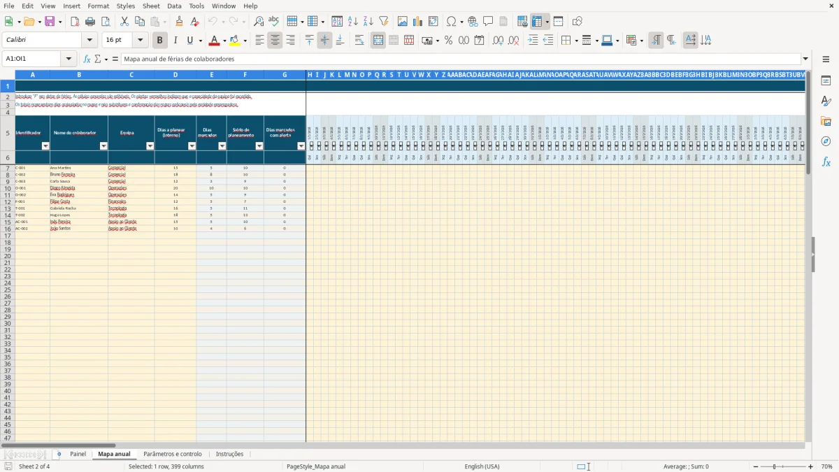 Pré-visualização da folha Mapa anual do ficheiro Mapa de férias de colaboradores em Excel: Modelo Grátis