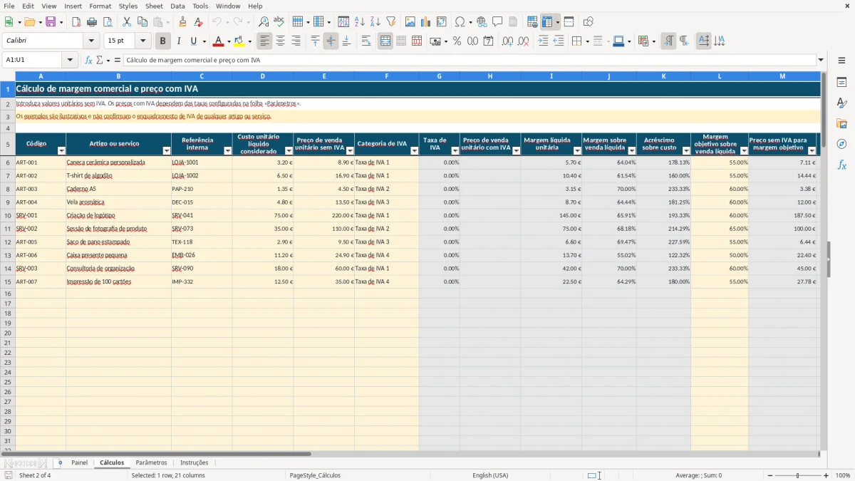 Pré-visualização da folha Cálculos do ficheiro Margem comercial com IVA em Excel: Modelo Grátis