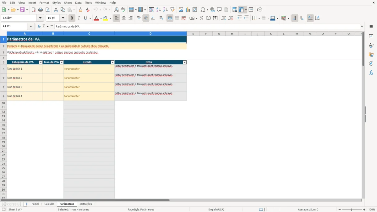 Pré-visualização da folha Parâmetros do ficheiro Margem comercial com IVA em Excel: Modelo Grátis