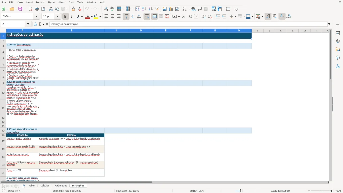 Pré-visualização da folha Instruções do ficheiro Margem comercial com IVA em Excel: Modelo Grátis