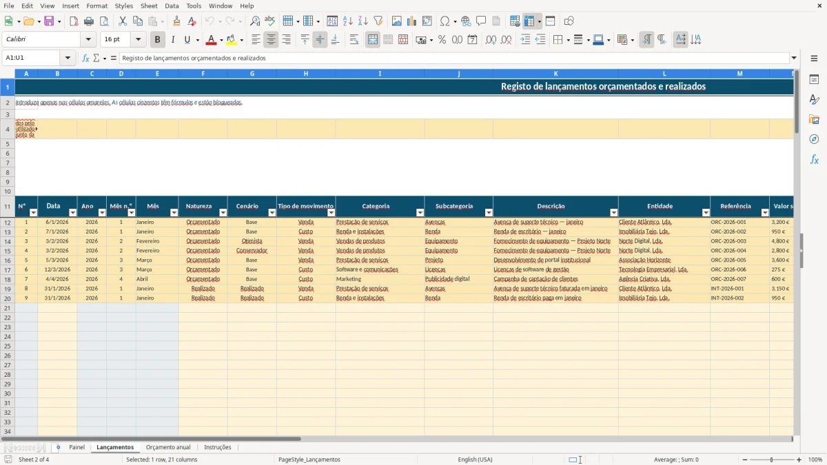 Pré-visualização da folha Lançamentos do ficheiro Orçamento anual de PME em Excel: Modelo Grátis