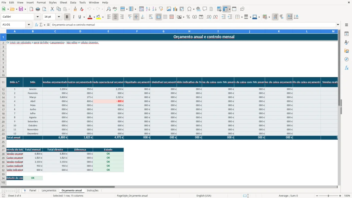 Pré-visualização da folha Orçamento anual do ficheiro Orçamento anual de PME em Excel: Modelo Grátis