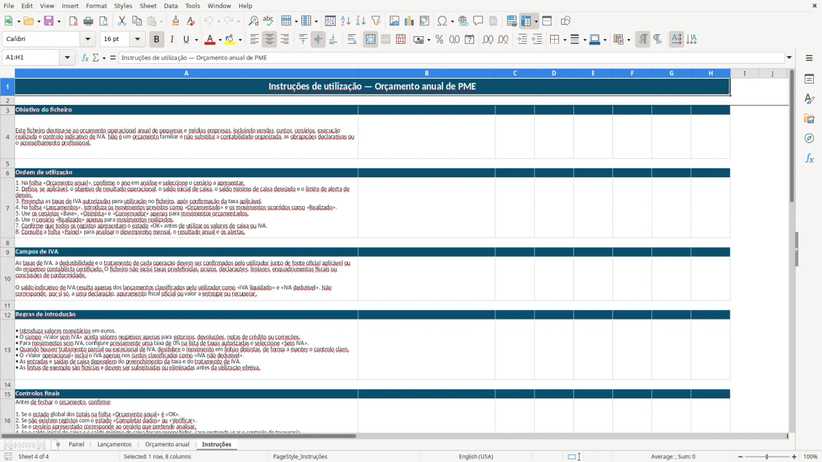 Pré-visualização da folha Instruções do ficheiro Orçamento anual de PME em Excel: Modelo Grátis