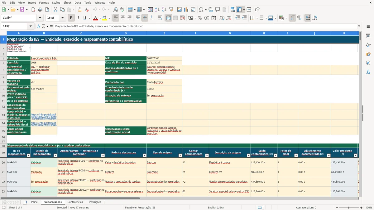 Pré-visualização da folha Preparação IES do ficheiro Preparação da IES em Excel: Modelo Grátis