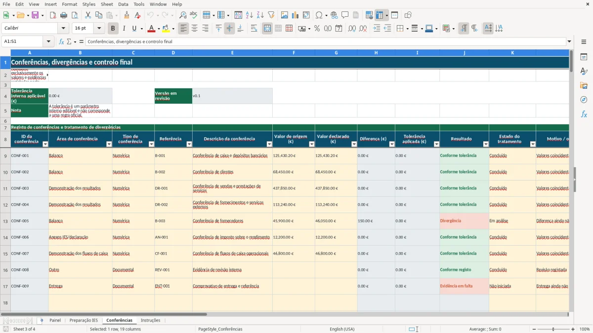 Pré-visualização da folha Conferências do ficheiro Preparação da IES em Excel: Modelo Grátis