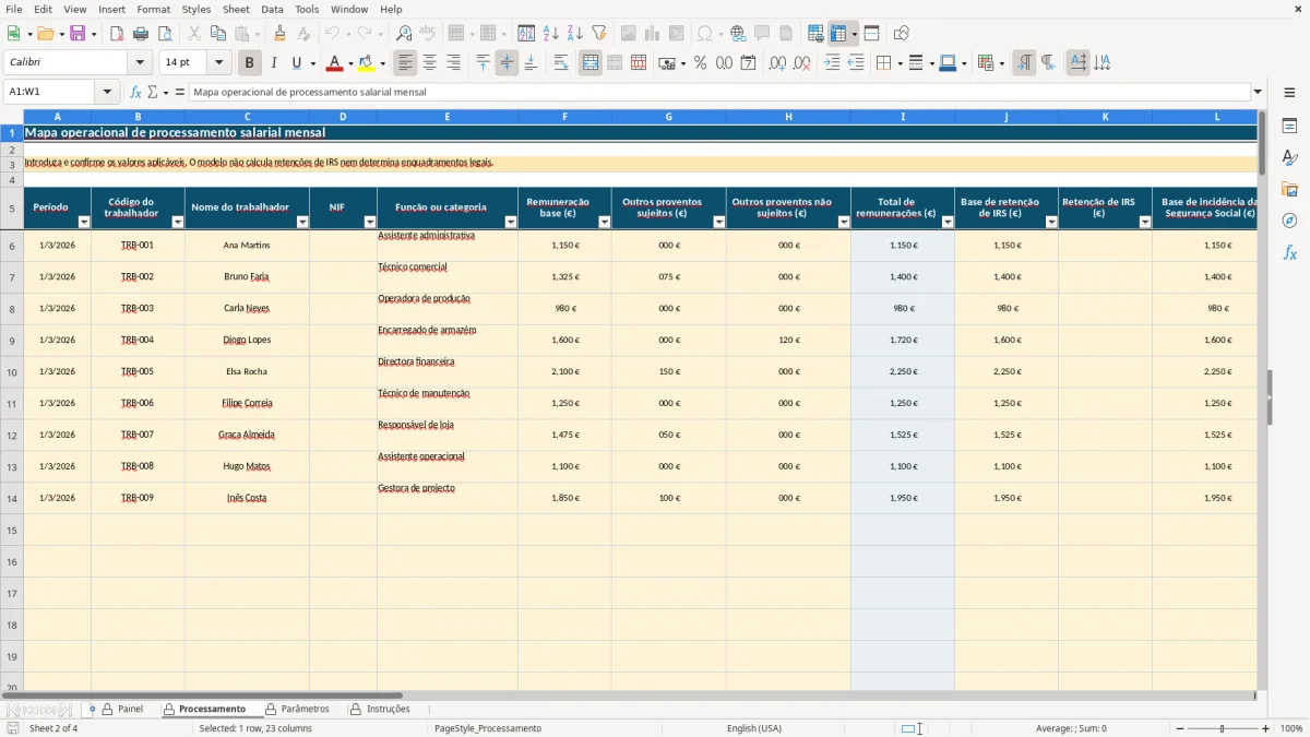Pré-visualização da folha Processamento do ficheiro Processamento salarial mensal em Excel: Modelo Grátis