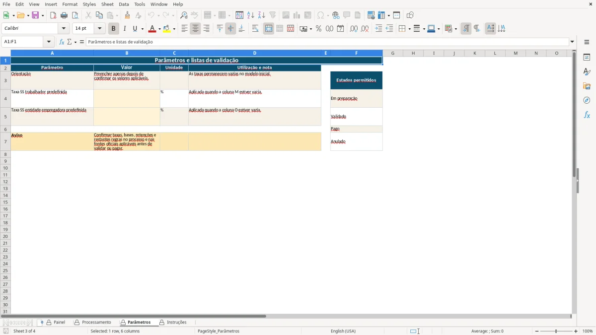 Pré-visualização da folha Parâmetros do ficheiro Processamento salarial mensal em Excel: Modelo Grátis