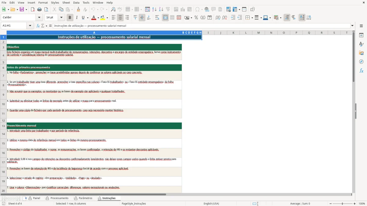 Pré-visualização da folha Instruções do ficheiro Processamento salarial mensal em Excel: Modelo Grátis