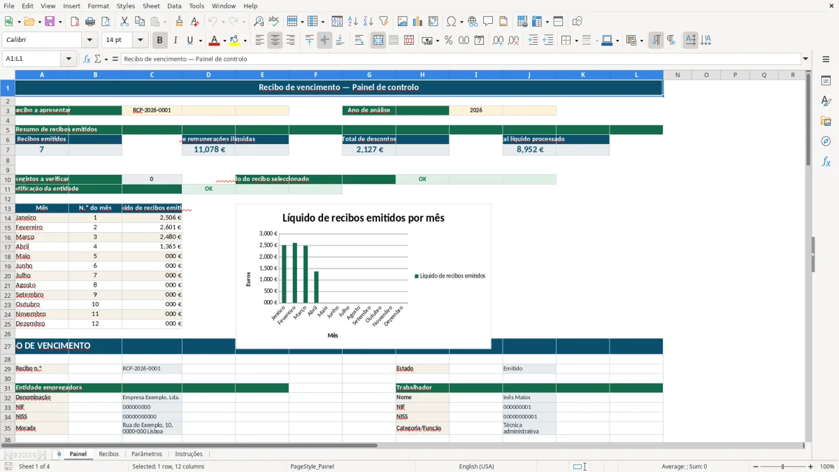 Pré-visualização da folha Painel do ficheiro Recibo de vencimento em Excel: Modelo Grátis