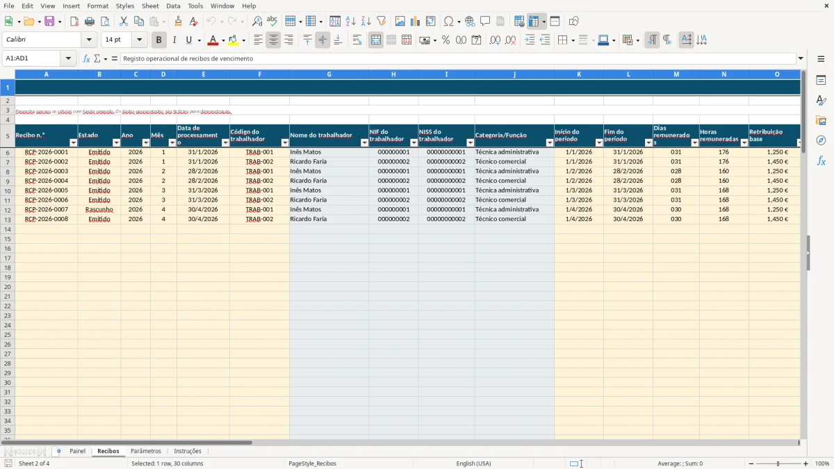 Pré-visualização da folha Recibos do ficheiro Recibo de vencimento em Excel: Modelo Grátis