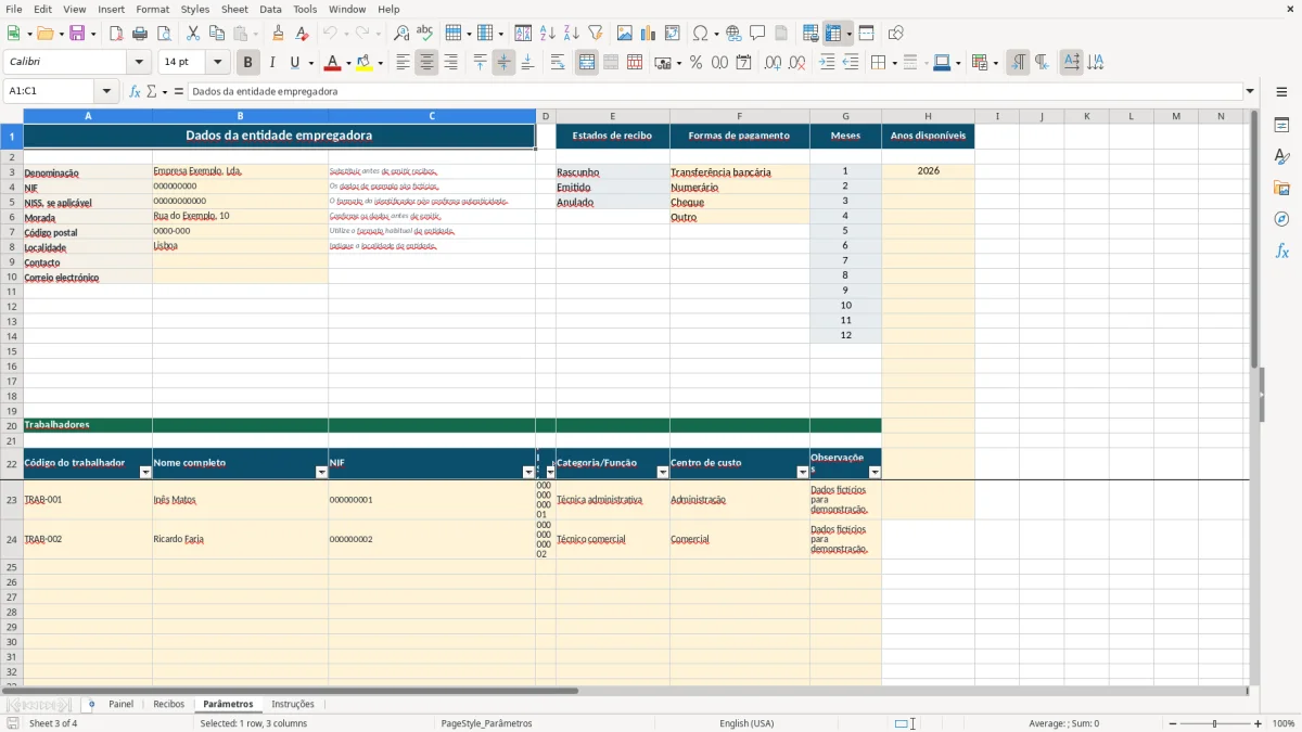 Pré-visualização da folha Parâmetros do ficheiro Recibo de vencimento em Excel: Modelo Grátis