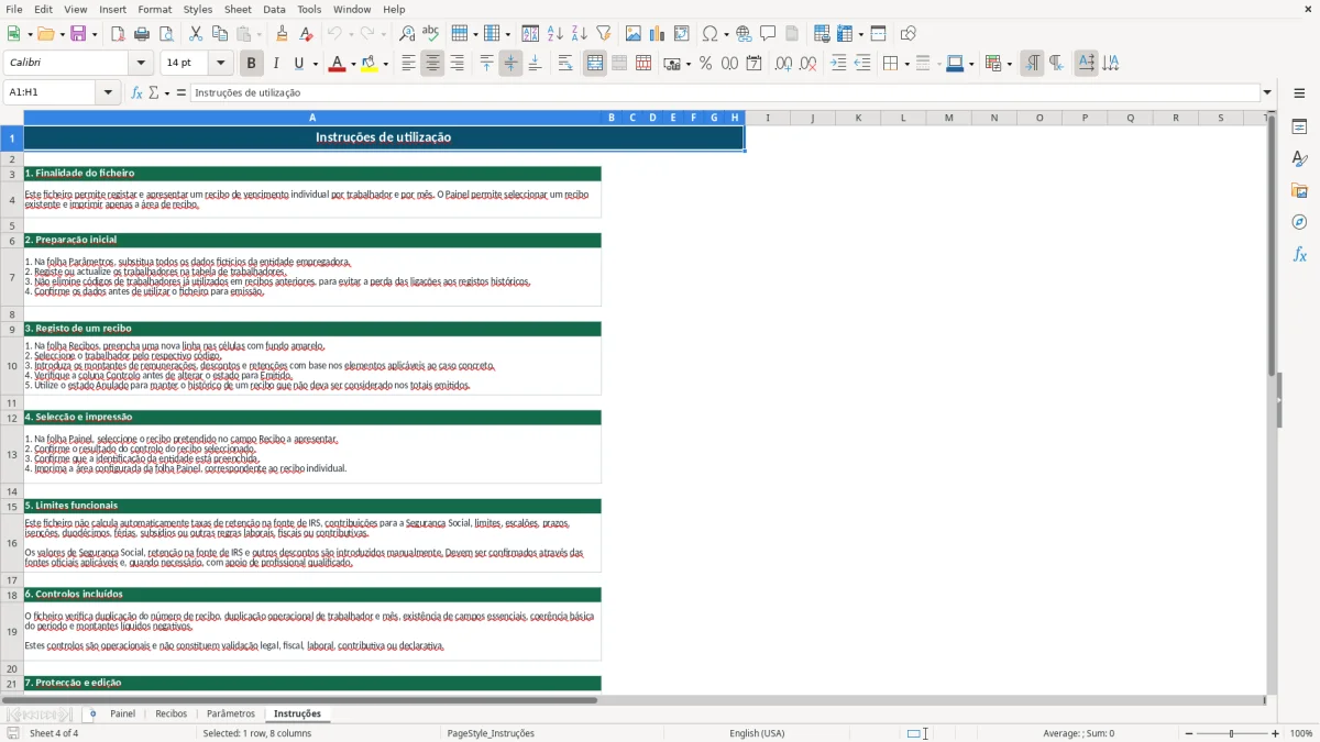 Pré-visualização da folha Instruções do ficheiro Recibo de vencimento em Excel: Modelo Grátis