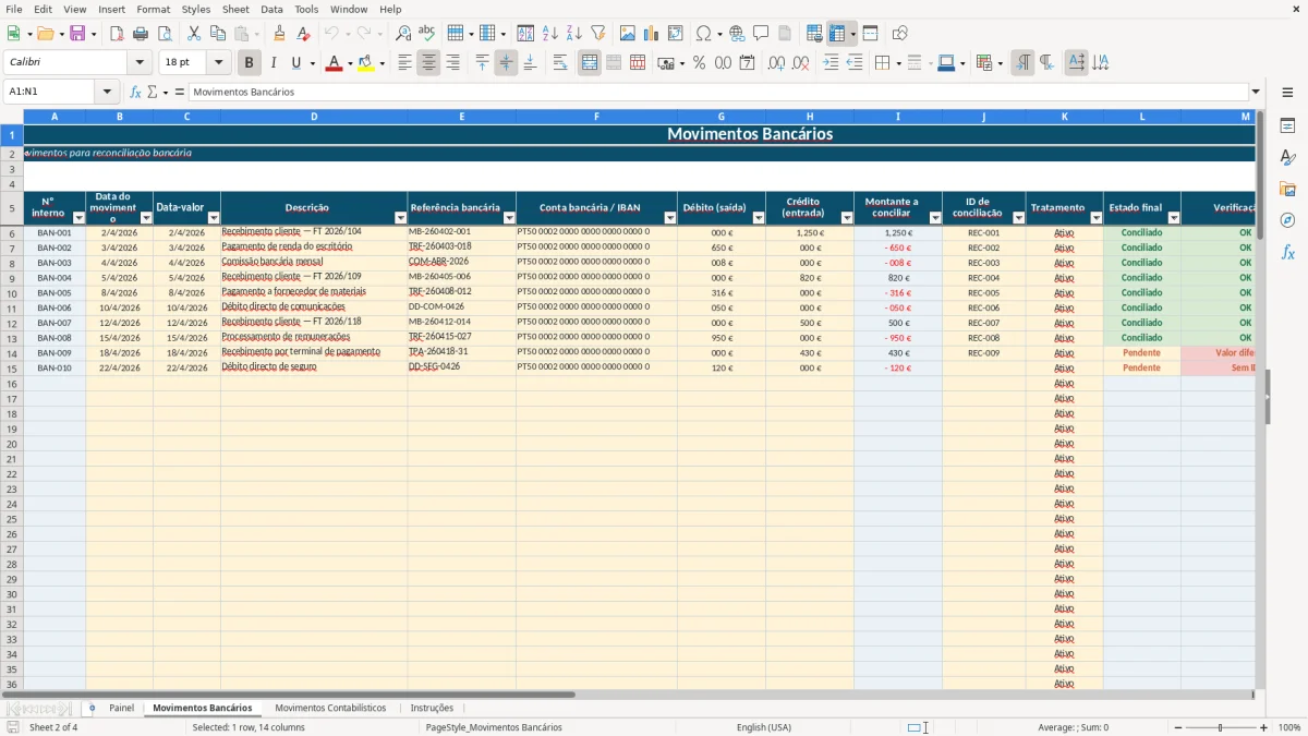 Pré-visualização da folha Movimentos Bancários do ficheiro Reconciliação bancária em Excel: Modelo Grátis