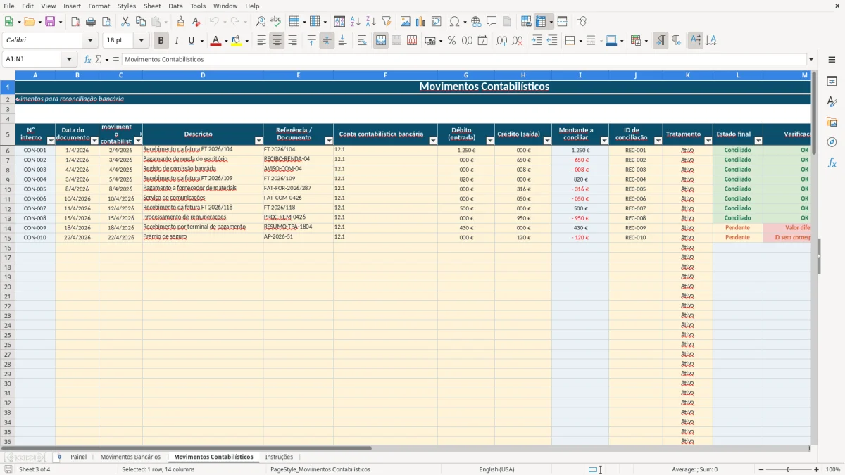 Pré-visualização da folha Movimentos Contabilísticos do ficheiro Reconciliação bancária em Excel: Modelo Grátis