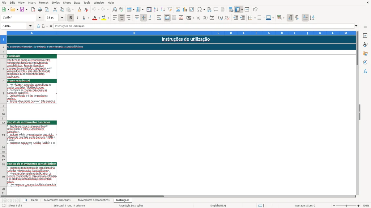 Pré-visualização da folha Instruções do ficheiro Reconciliação bancária em Excel: Modelo Grátis